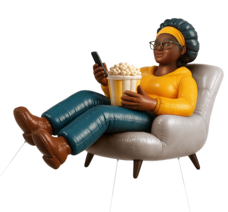 Pessoa sentada em uma poltrona confortável, usando óculos e segurando um balde de pipoca e um celular, em um momento de lazer.