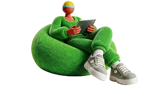 Pessoa em um puff verde usando tablet